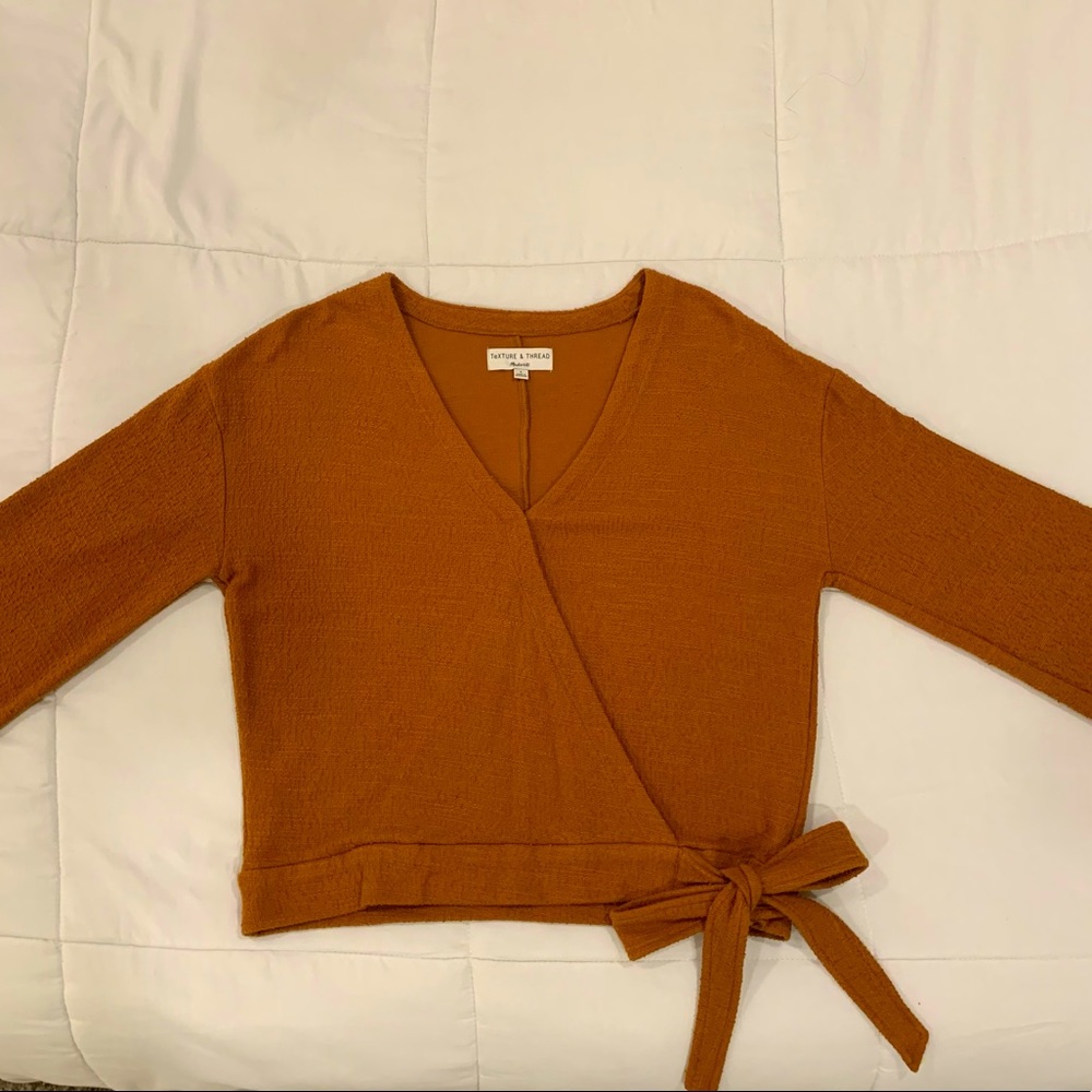 Long-Sleeve Wrap Top with Bow Tie Detail